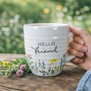 Hello Friend Floral Mug Yellow Interior Gift Cute Spring Coffee Cup